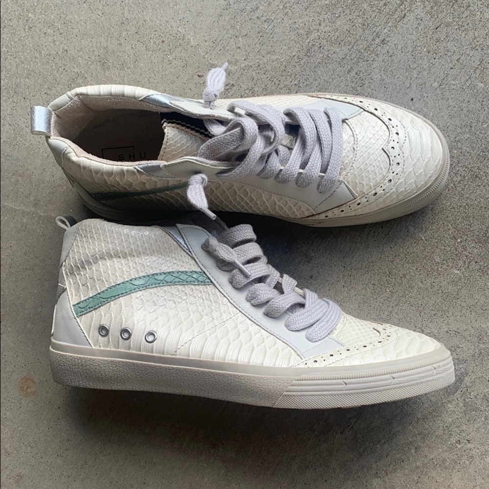 Cream-White and Teal High-Top Shu Shop Sneakers